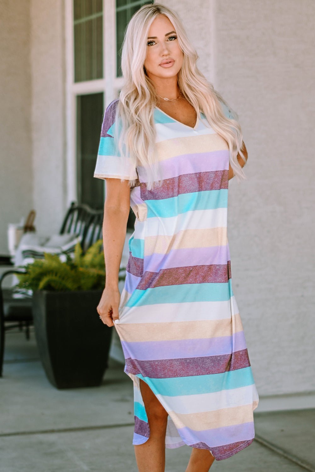 Beach Rose Co.Striped V - Neck Curved Hem Midi Dress in Purple