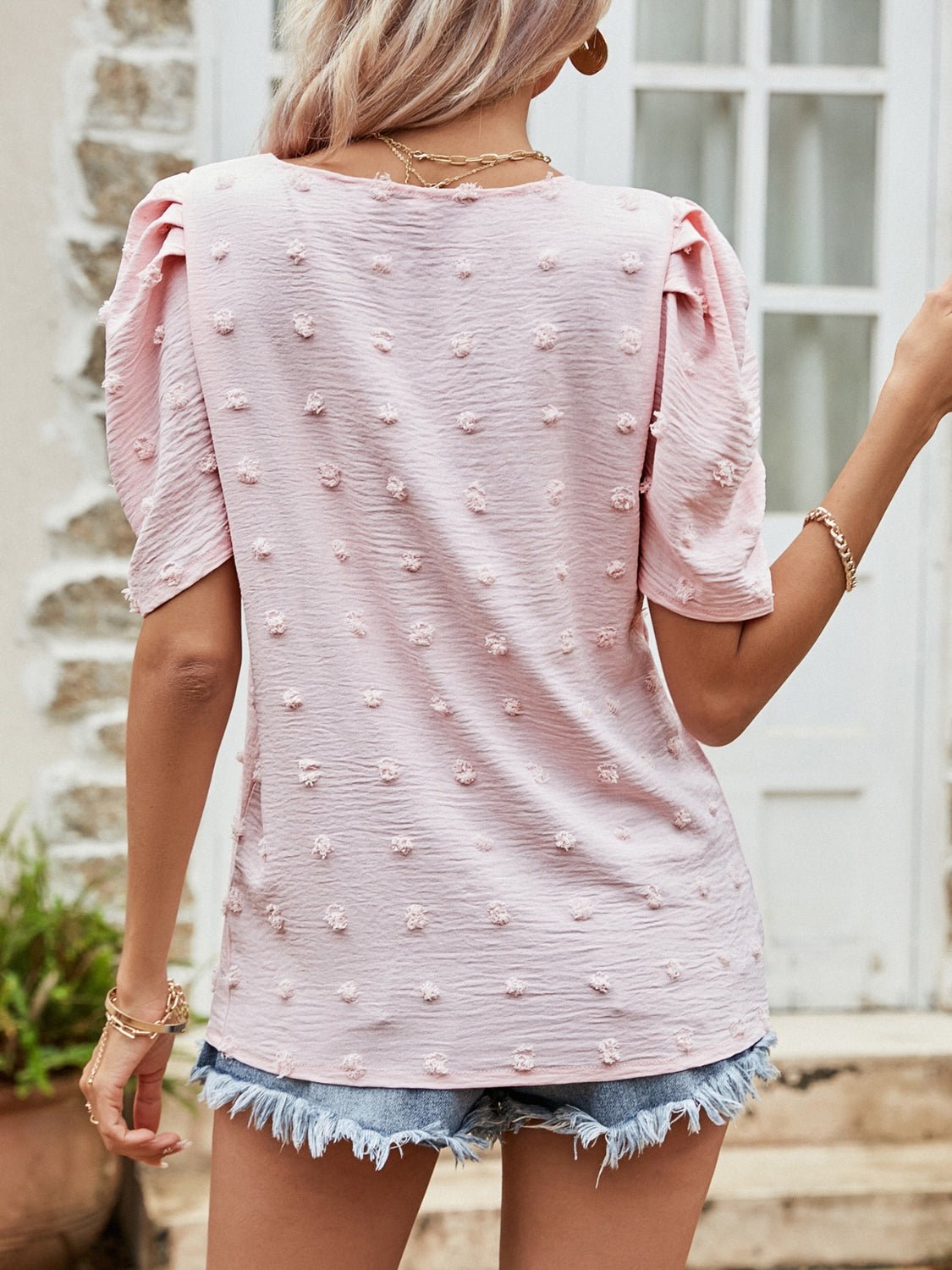 Beach Rose Co.Swiss Dot Short Puff Sleeve Top in Blush Pink