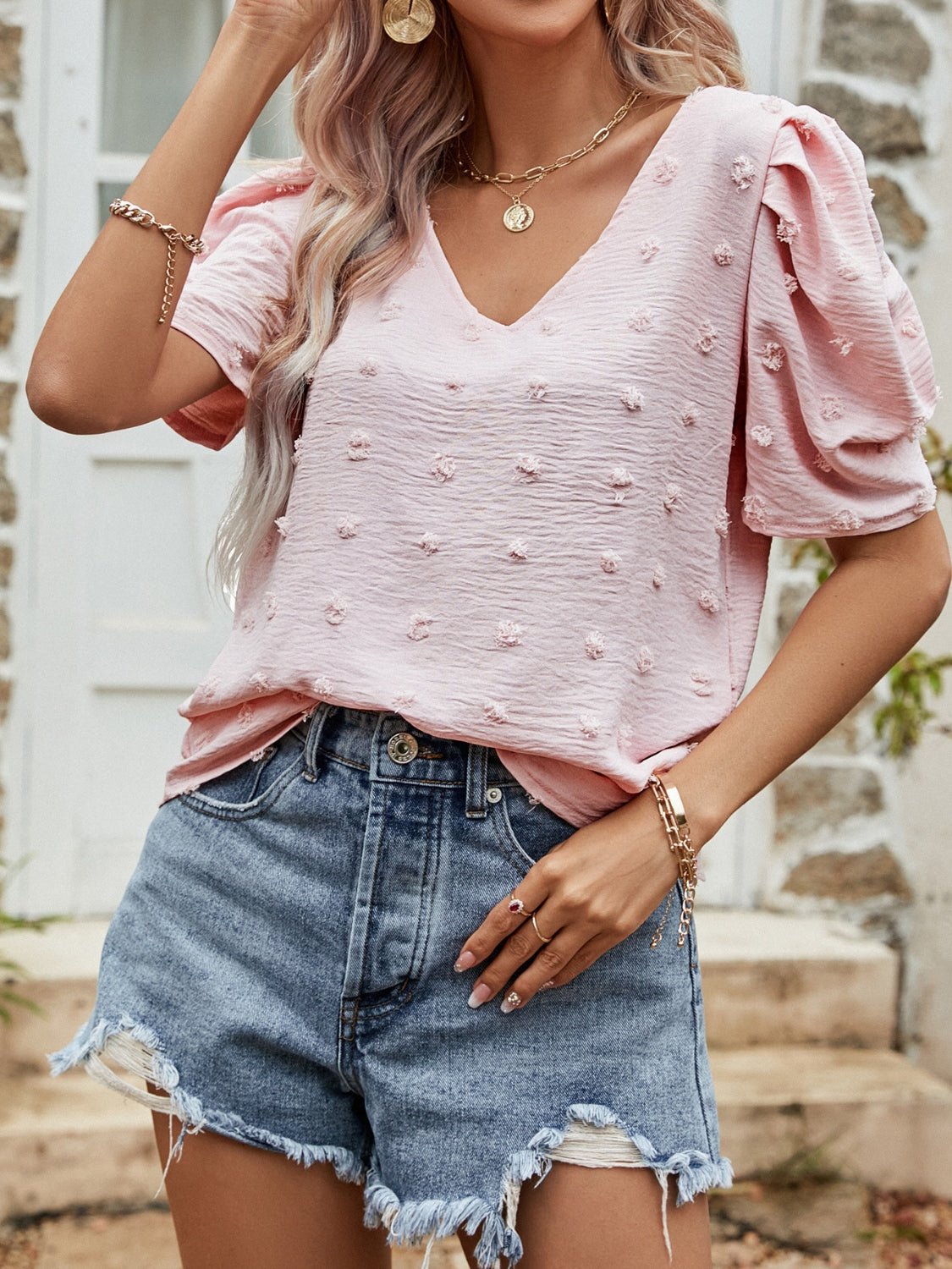 Beach Rose Co.Swiss Dot Short Puff Sleeve Top in Blush Pink