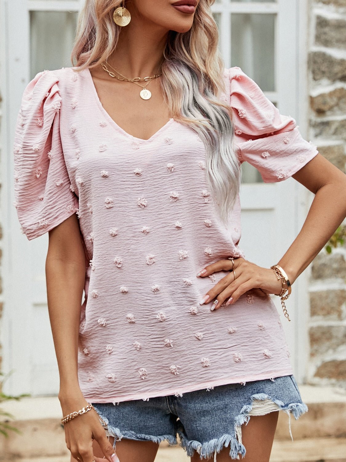 Beach Rose Co.Swiss Dot Short Puff Sleeve Top in Blush Pink