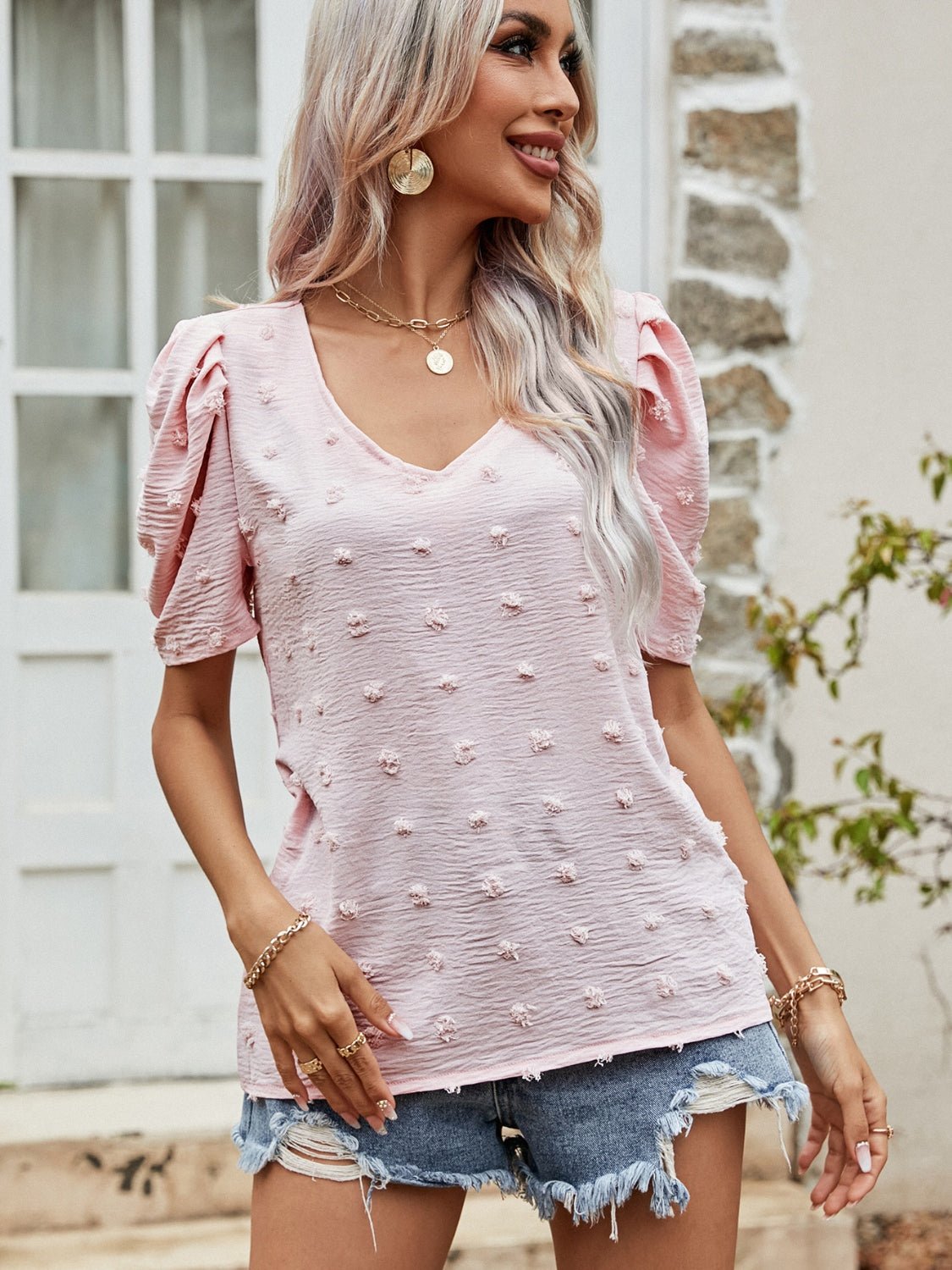 Beach Rose Co.Swiss Dot Short Puff Sleeve Top in Blush Pink