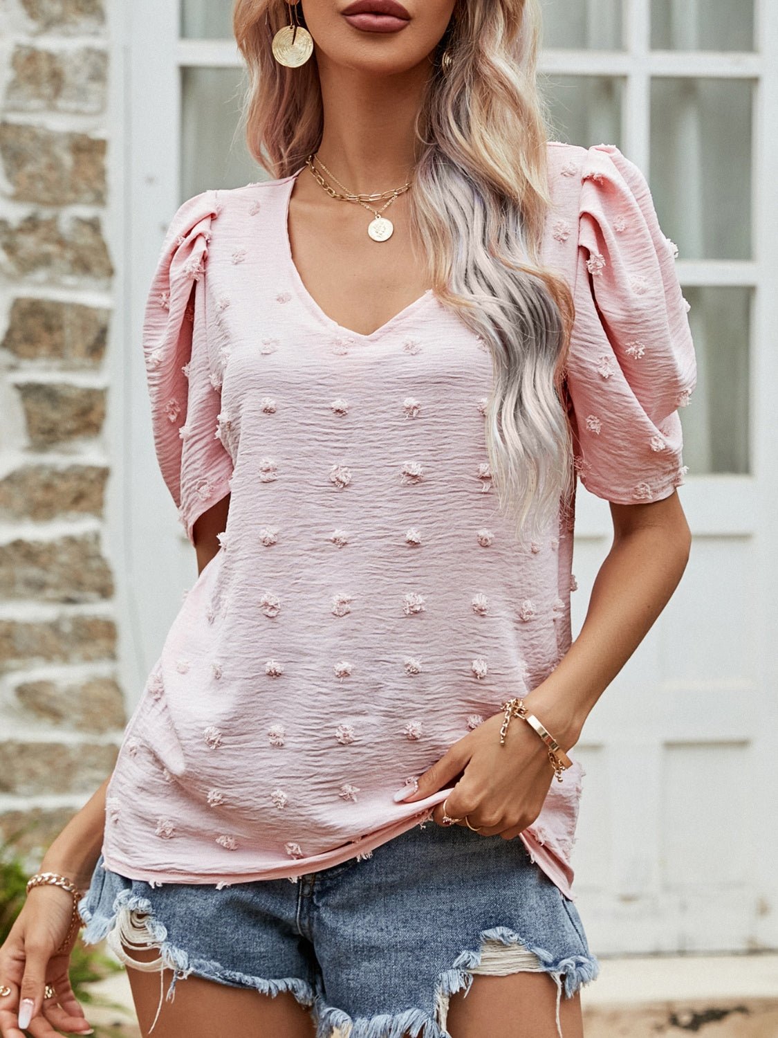 Beach Rose Co.Swiss Dot Short Puff Sleeve Top in Blush Pink