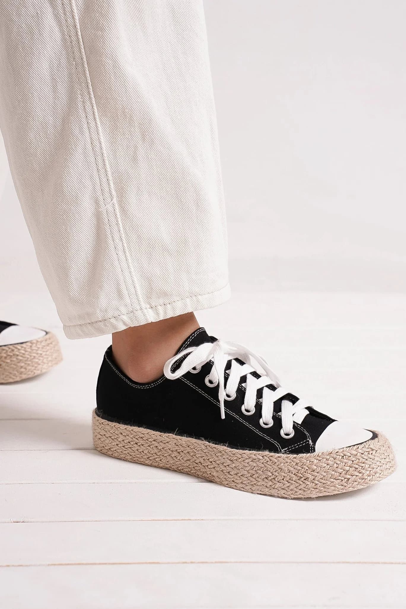 BEAST FASHION - Black Canvas Lace - Up Espadrille Sneakers