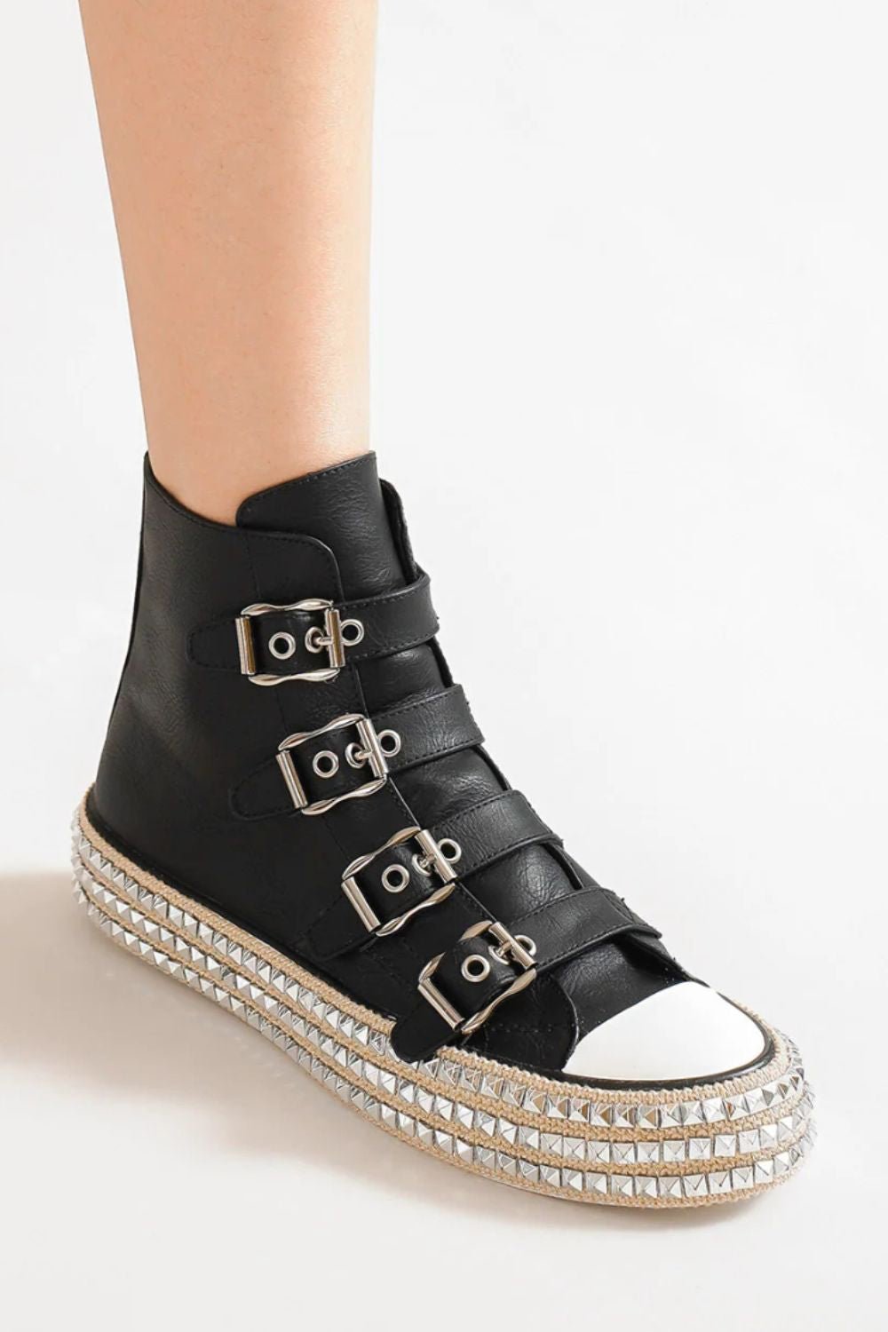 BEAST FASHION - Black Vegan Leather Buckle Studded Platform Sneakers