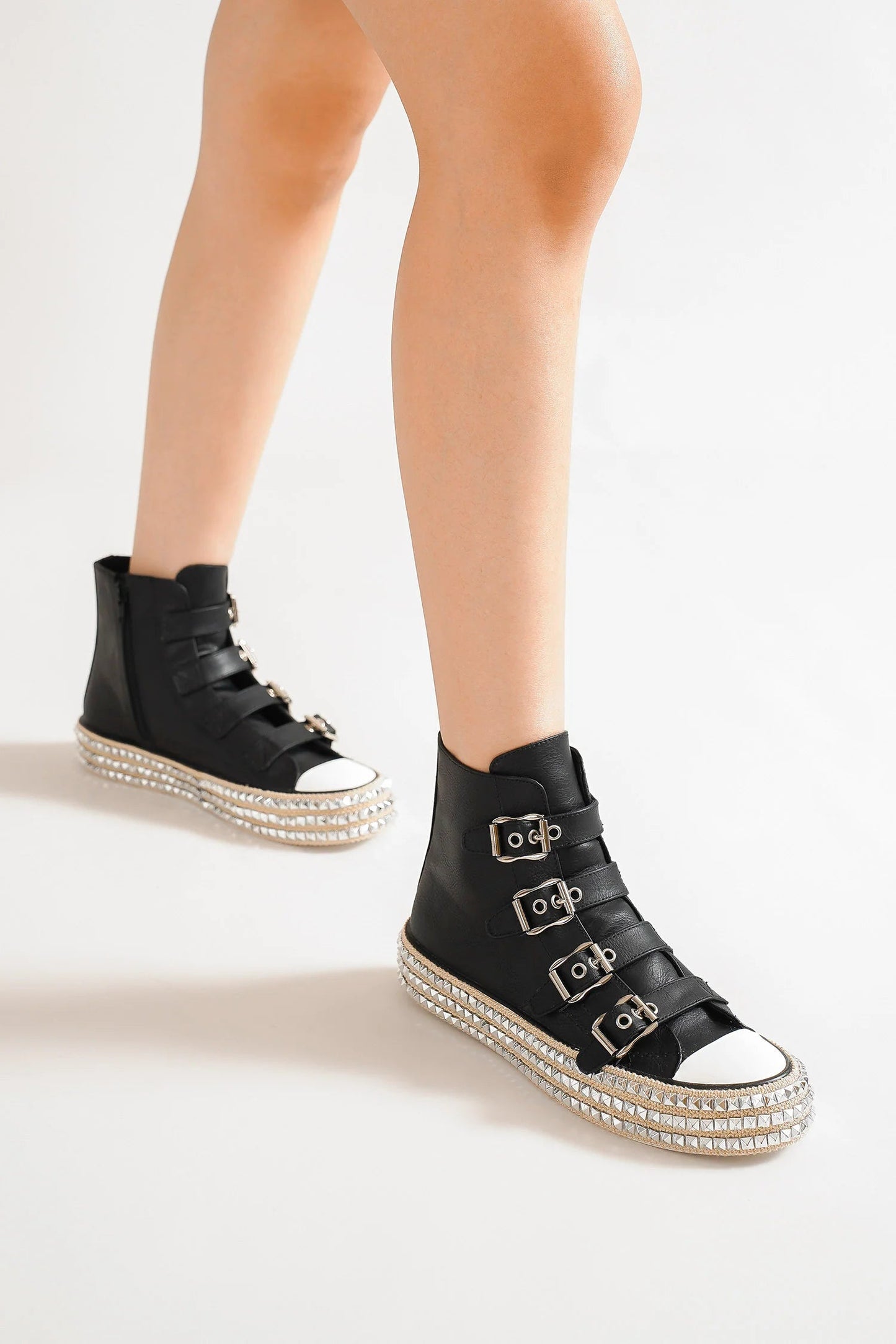 BEAST FASHION - Black Vegan Leather Buckle Studded Platform Sneakers