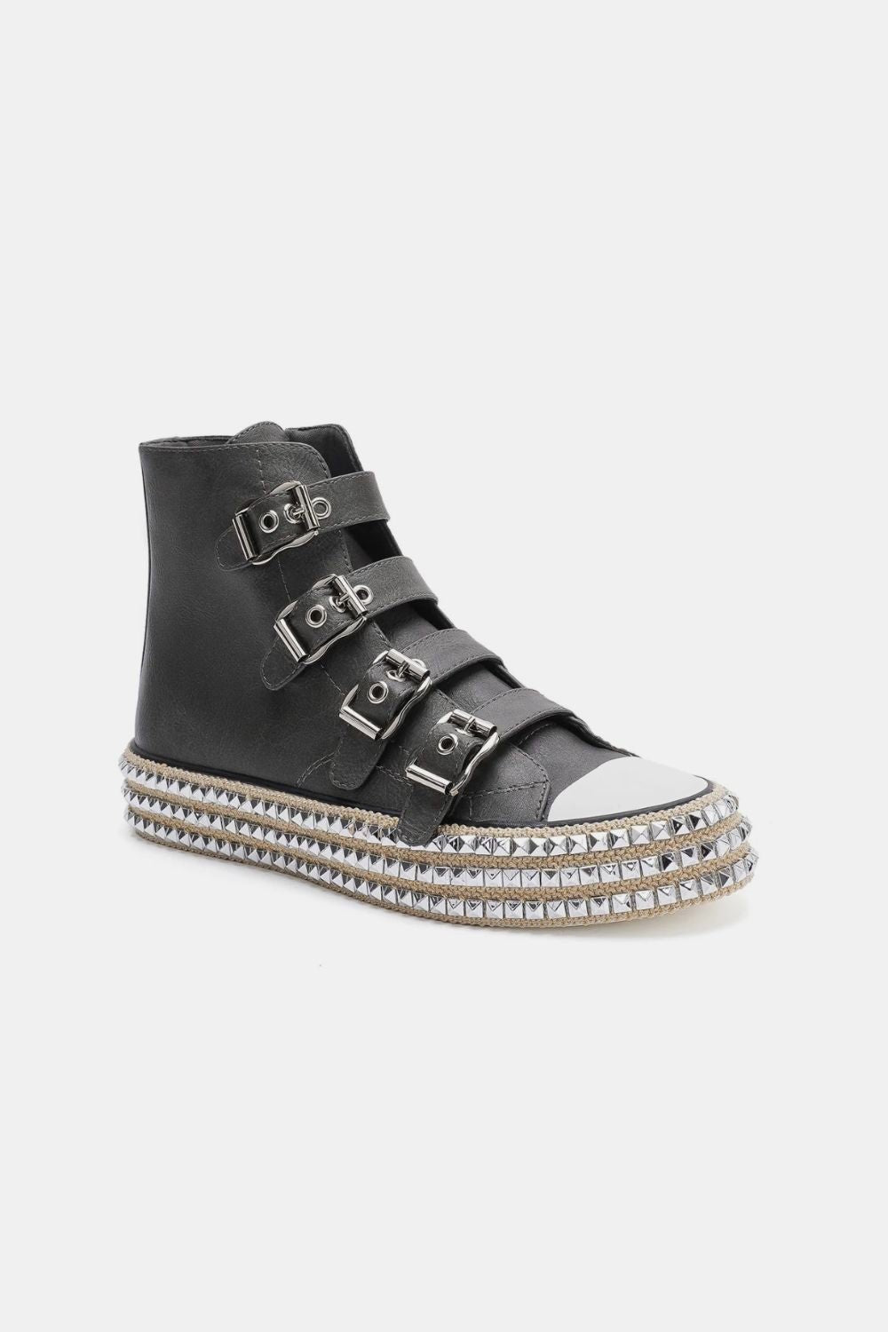 BEAST FASHION - Black Vegan Leather Buckle Studded Platform Sneakers