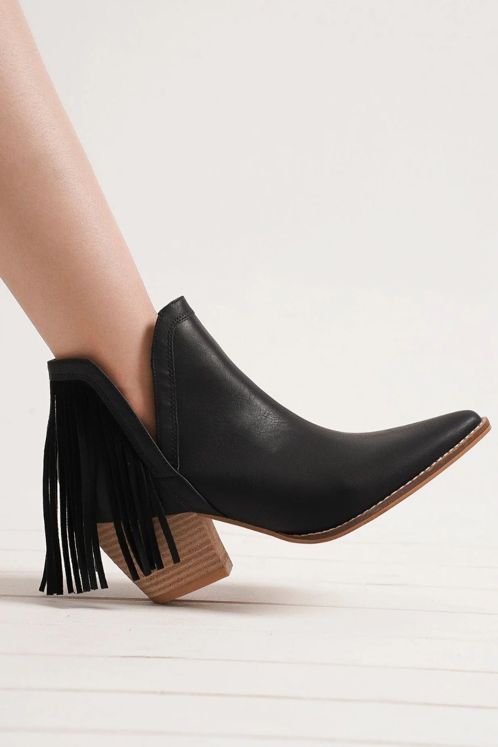 BEAST FASHION - Black Vegan Leather Fringe Ankle Booties