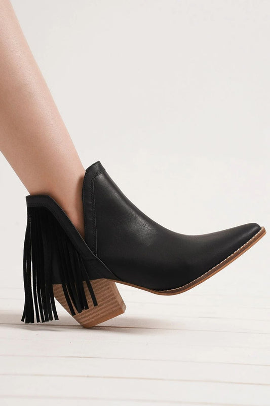 BEAST FASHION - Black Vegan Leather Fringe Ankle Booties