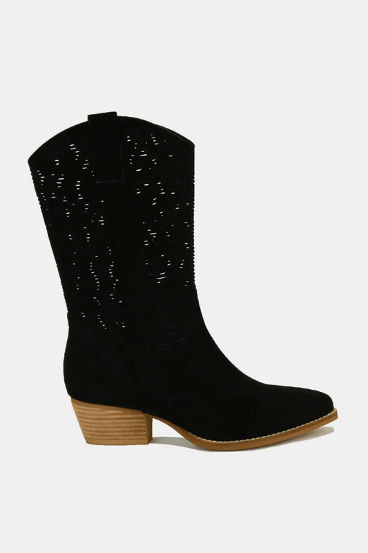 BEAST FASHION - Black Vegan Suede Laser Cutout Cowgirl Boots