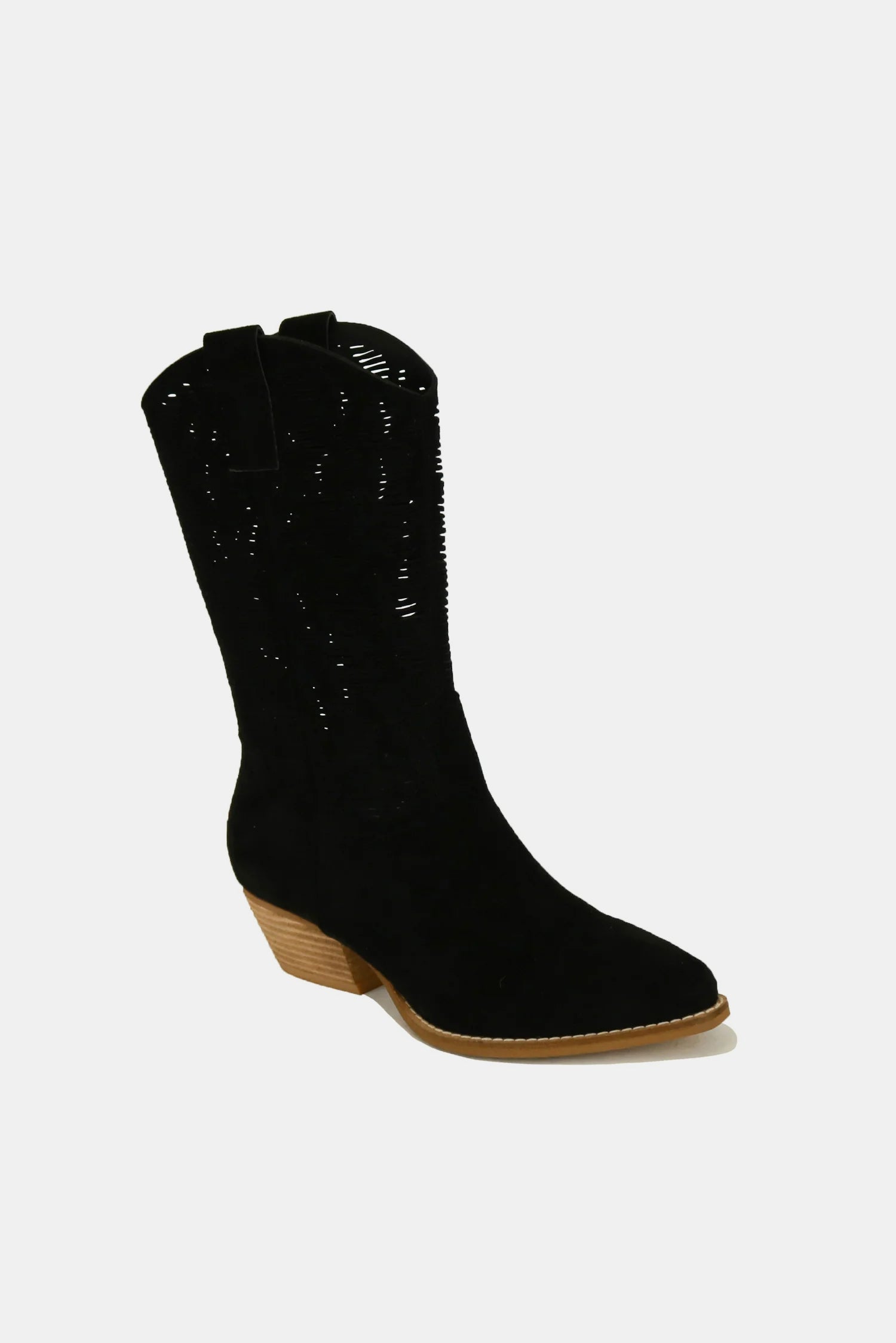 BEAST FASHION - Black Vegan Suede Laser Cutout Cowgirl Boots