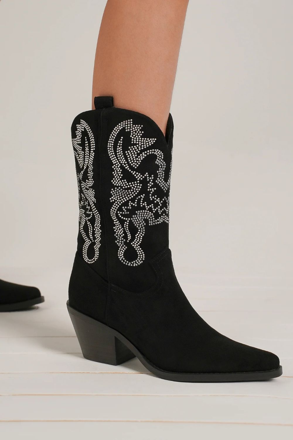 BEAST FASHION - Black Vegan Suede Rhinestone Cowgirl Boots