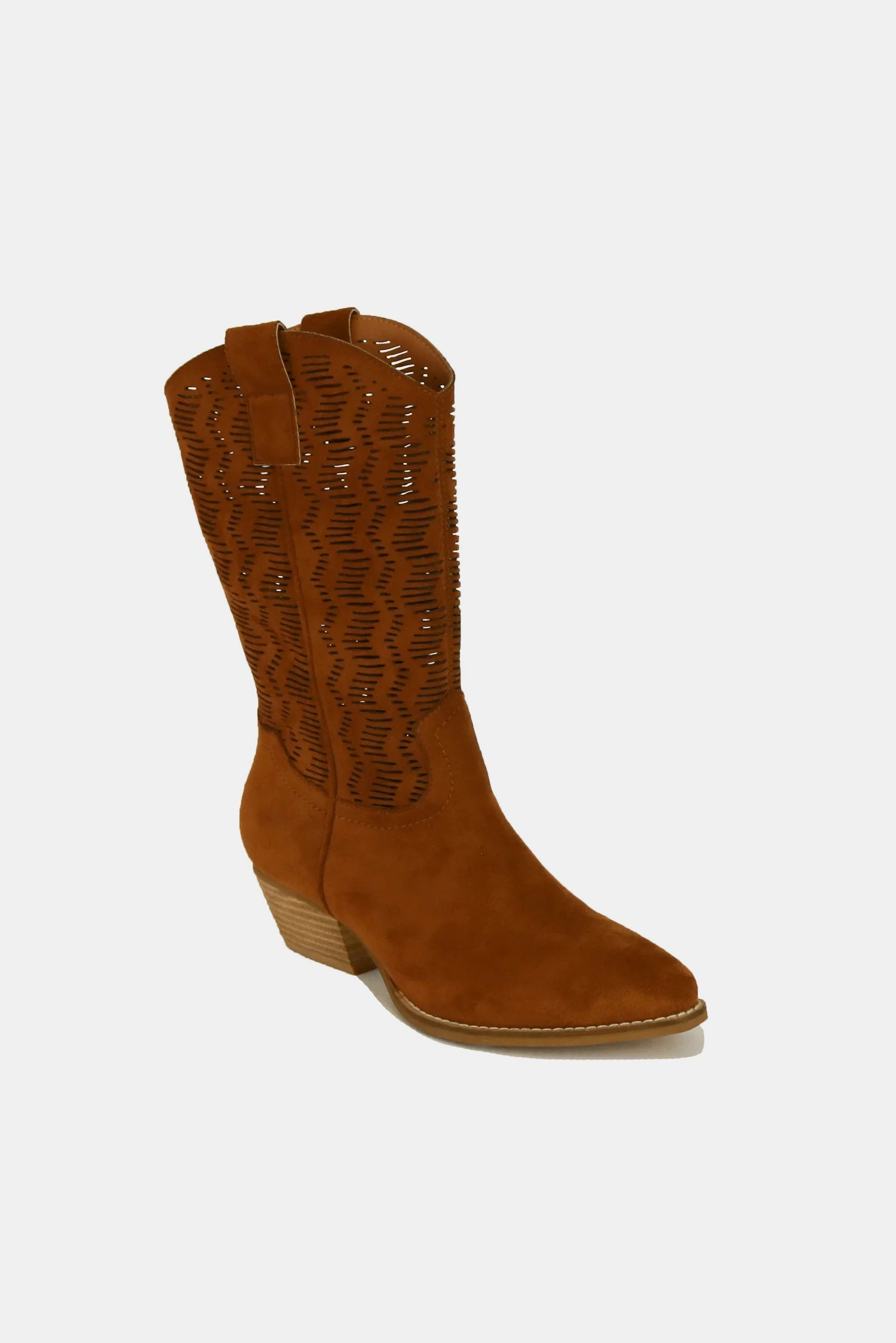 BEAST FASHION - Brown Vegan Suede Laser Cutout Cowgirl Boots