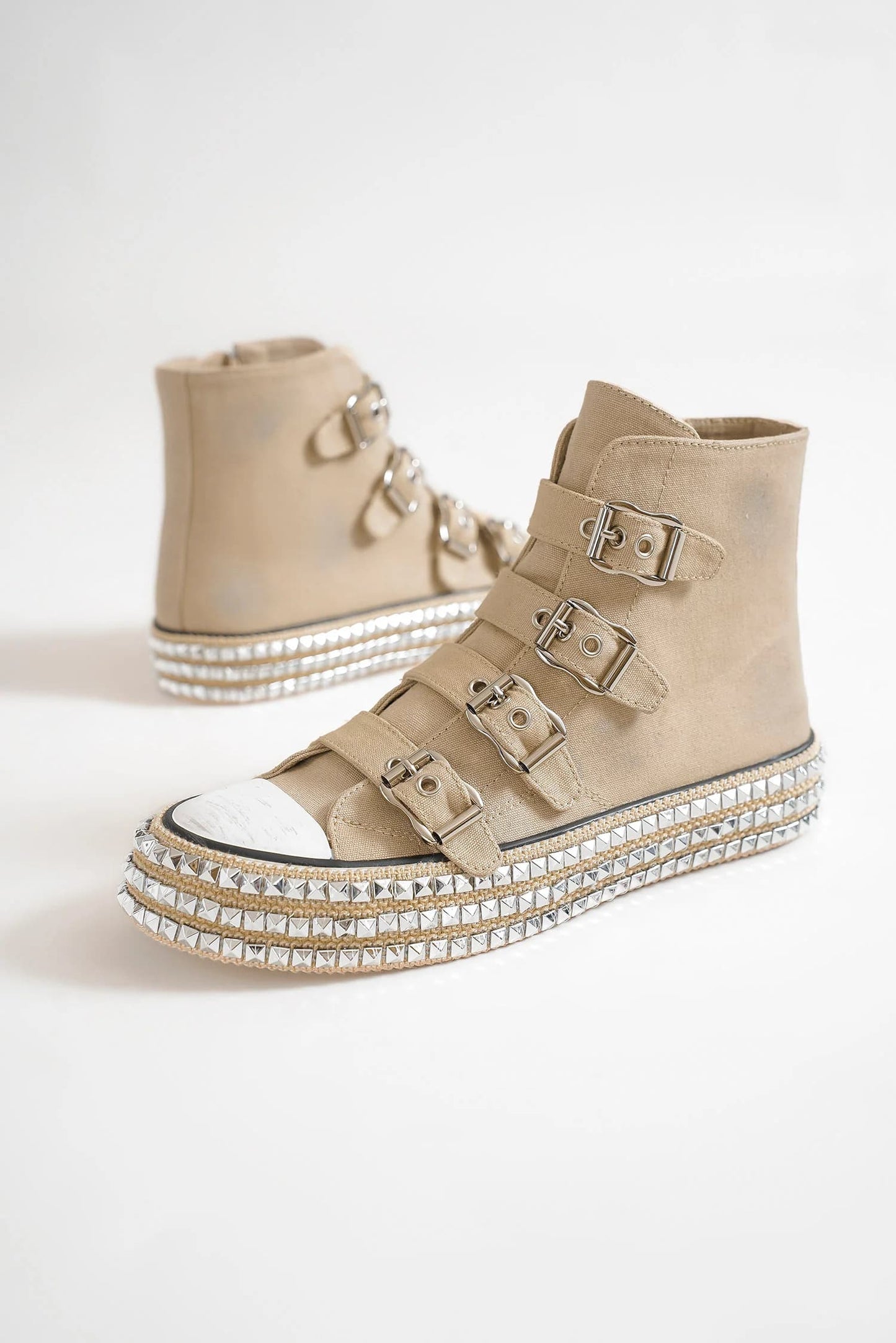 BEAST FASHION - Canvas Buckle Studded Platform Sneakers in Khaki