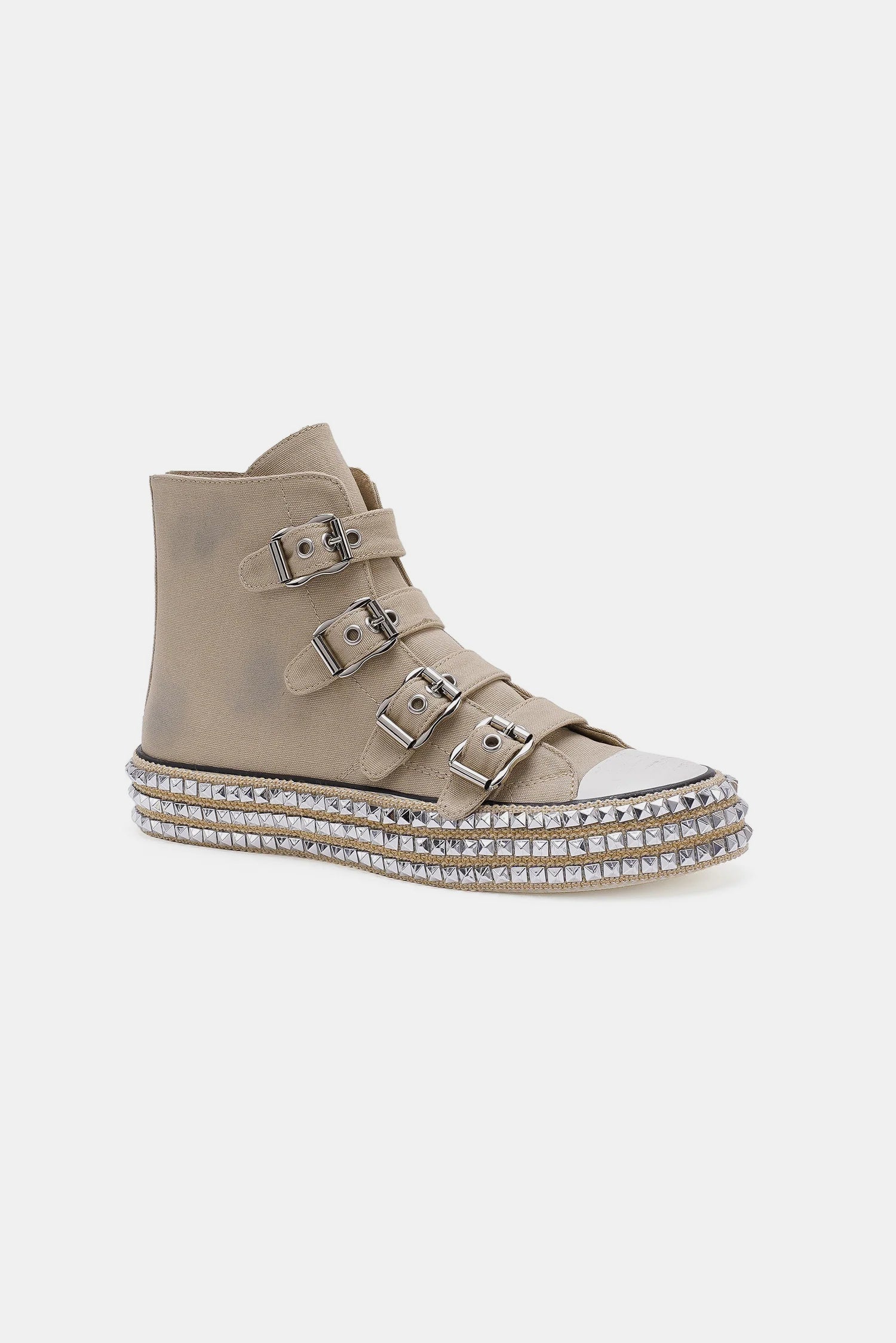 BEAST FASHION - Canvas Buckle Studded Platform Sneakers in Khaki