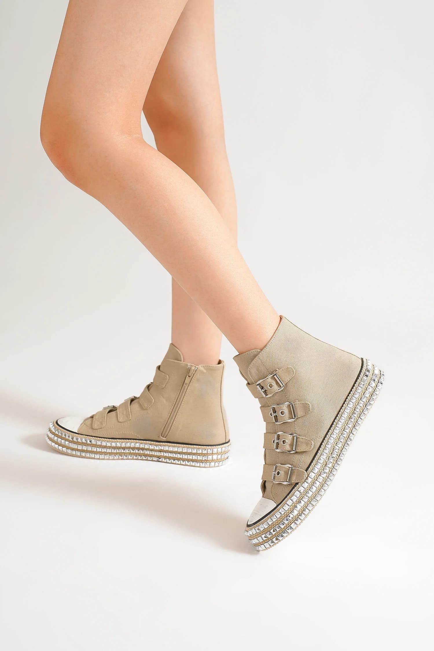 BEAST FASHION - Canvas Buckle Studded Platform Sneakers in Khaki