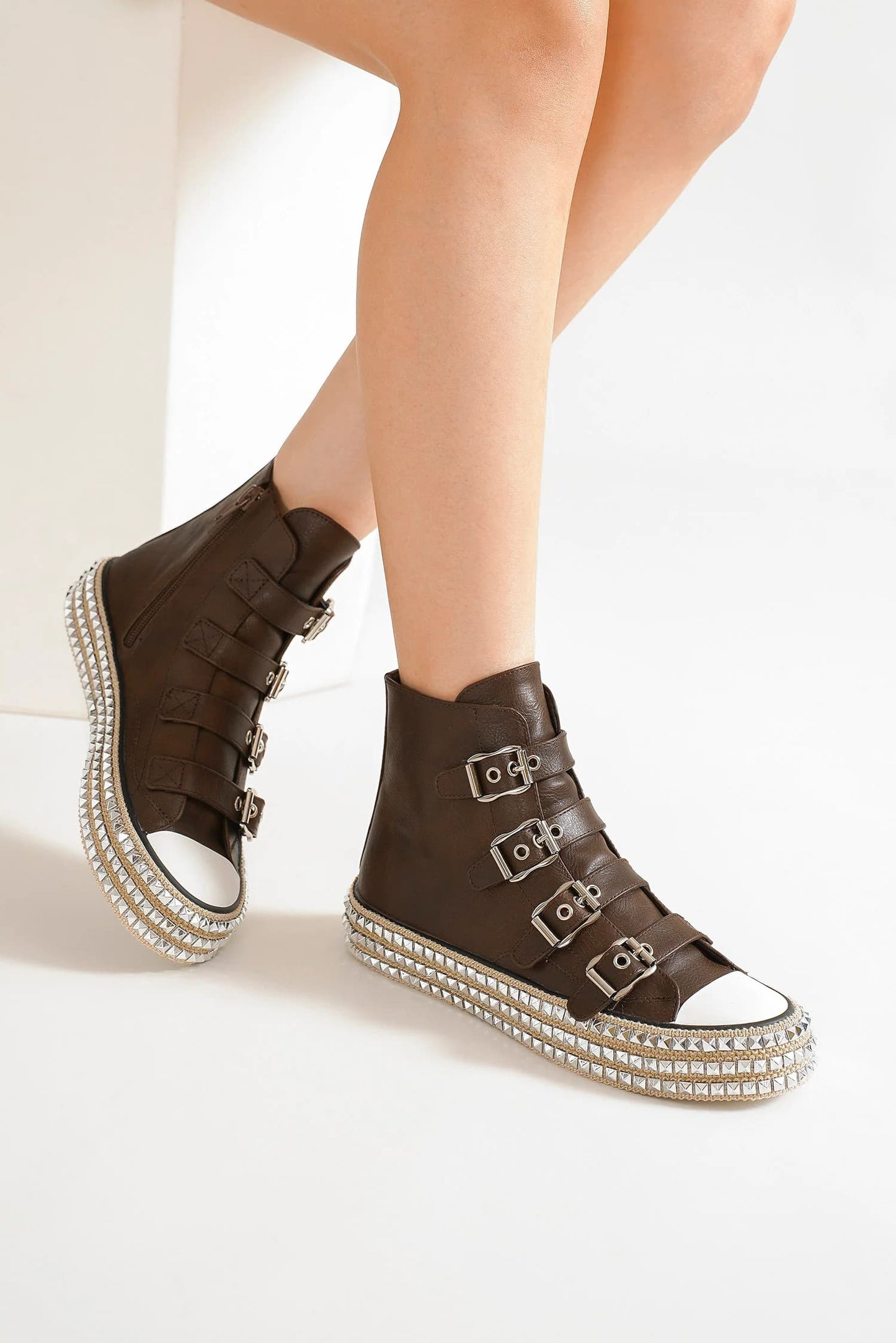 BEAST FASHION - Dark Brown Vegan Leather Buckle Studded Platform Sneakers