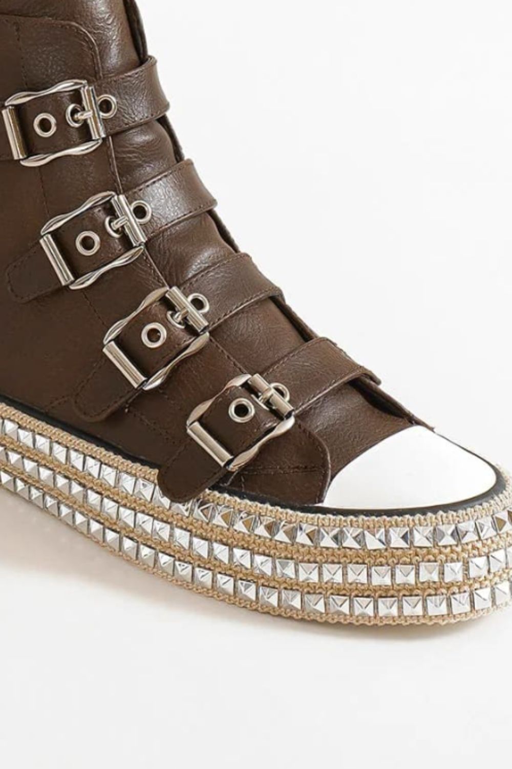 BEAST FASHION - Dark Brown Vegan Leather Buckle Studded Platform Sneakers