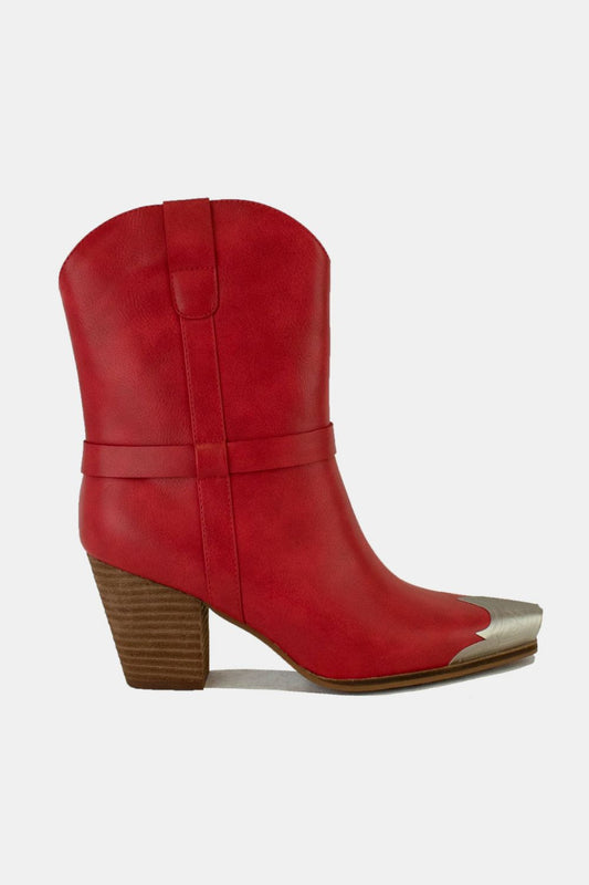 BEAST FASHION - Red Vegan Leather Metal Toe Cowgirl Boots