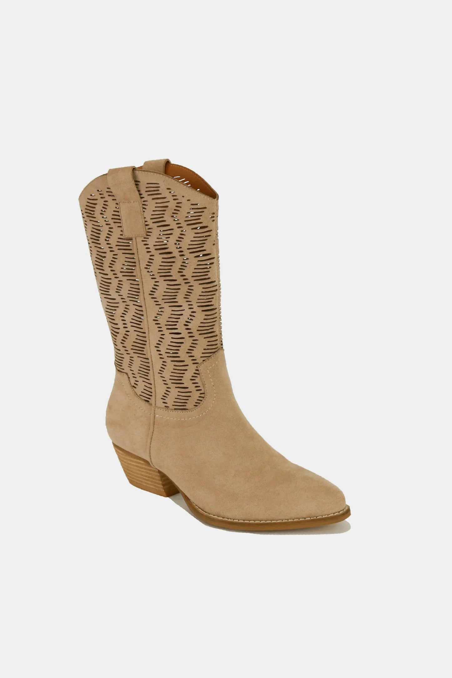 BEAST FASHION - Vegan Suede Laser Cutout Cowgirl Boots in Tan