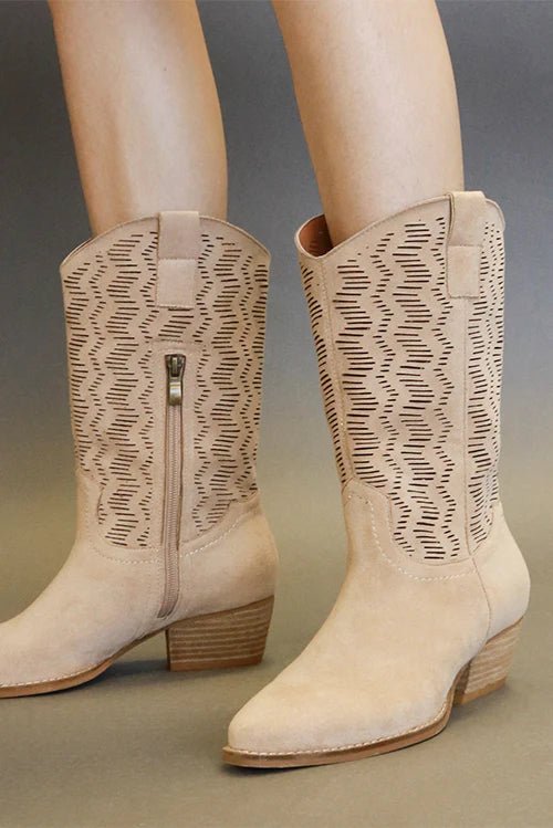 BEAST FASHION - Vegan Suede Laser Cutout Cowgirl Boots in Tan