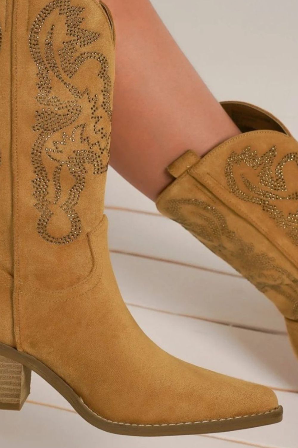 BEAST FASHION - Vegan Suede Rhinestone Cowgirl Boots in Camel