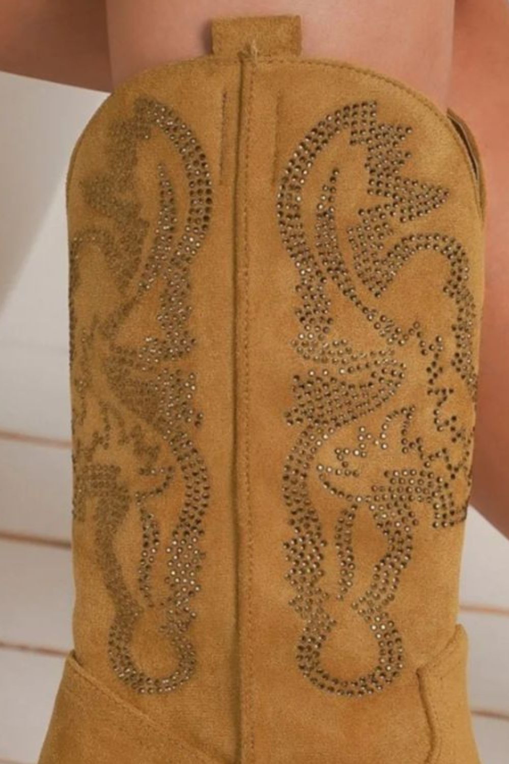 BEAST FASHION - Vegan Suede Rhinestone Cowgirl Boots in Camel