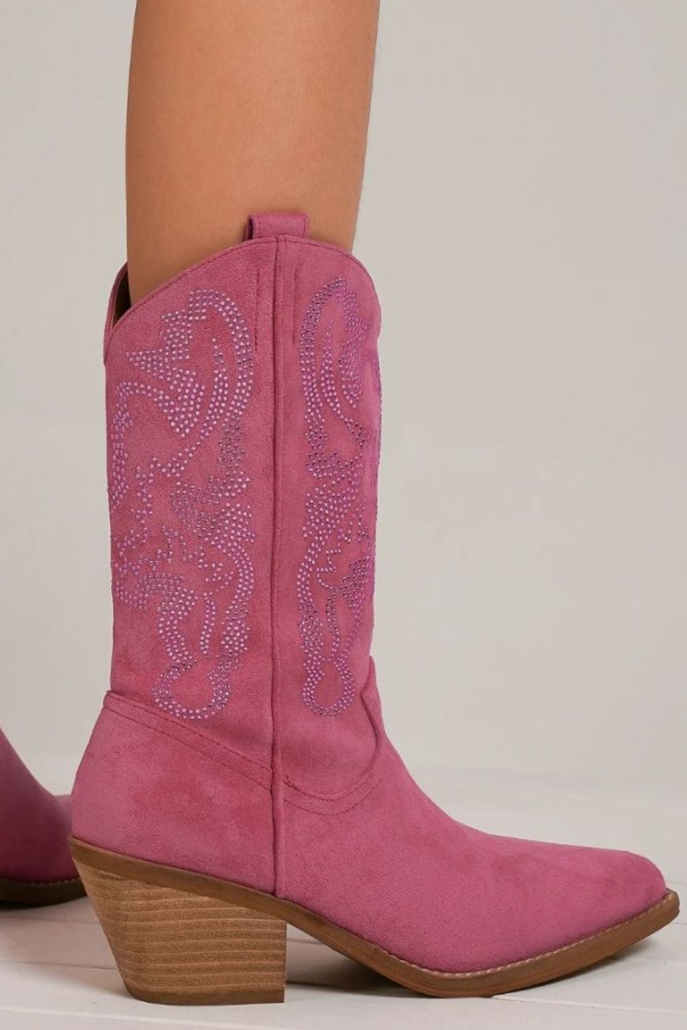 BEAST FASHION - Vegan Suede Rhinestone Cowgirl Boots in Cerise