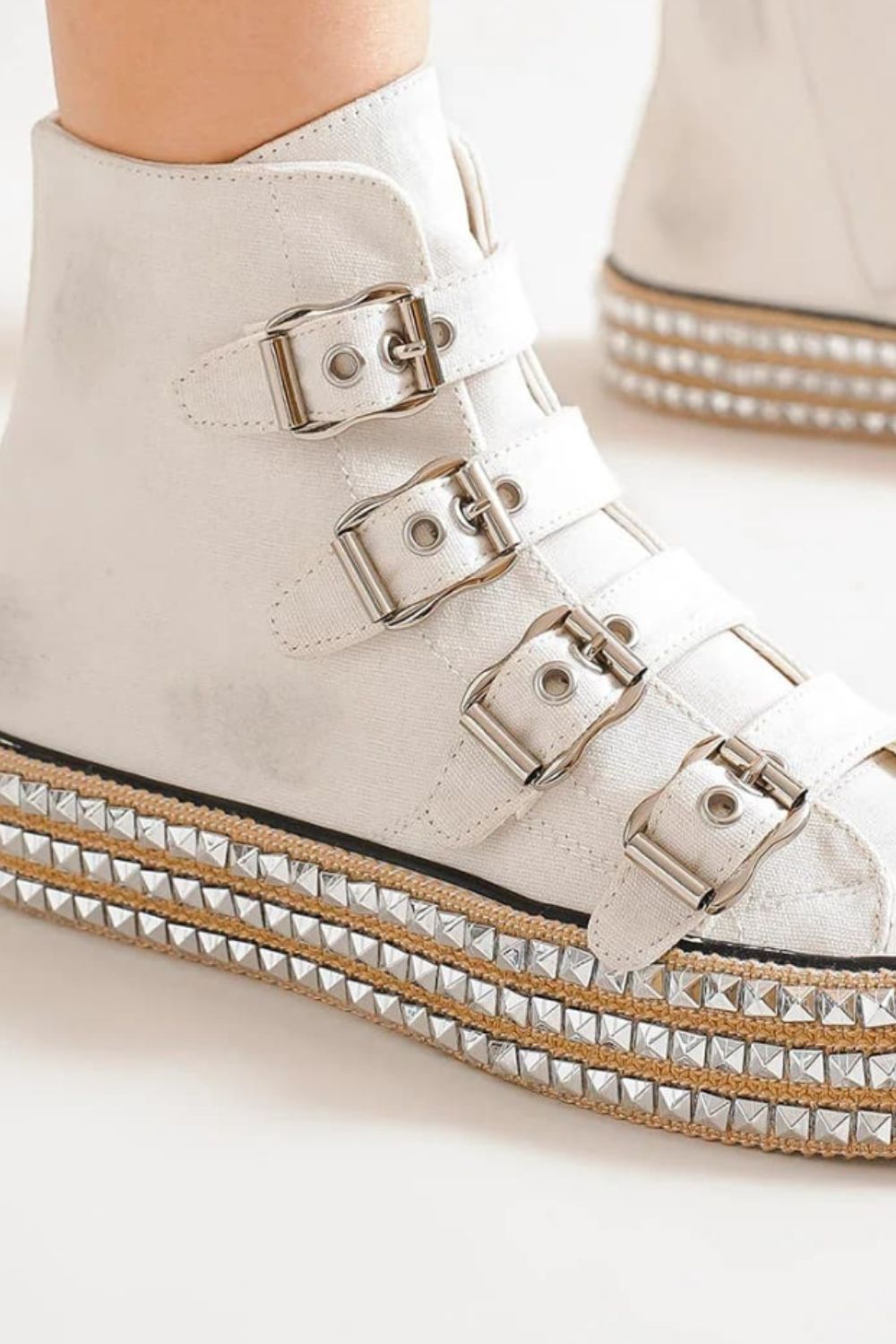 BEAST FASHION - White Canvas Buckle Studded Platform Sneakers