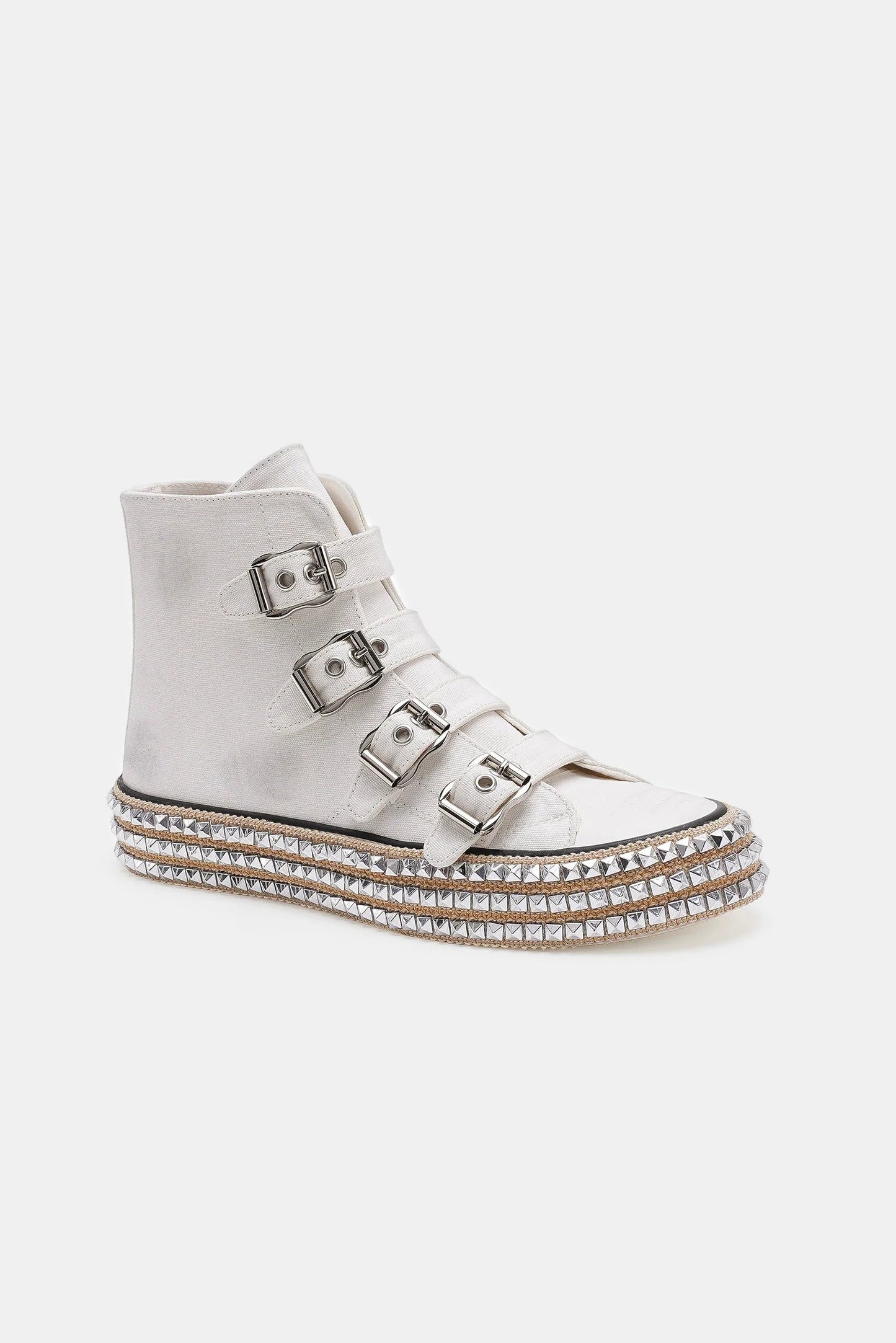 BEAST FASHION - White Canvas Buckle Studded Platform Sneakers