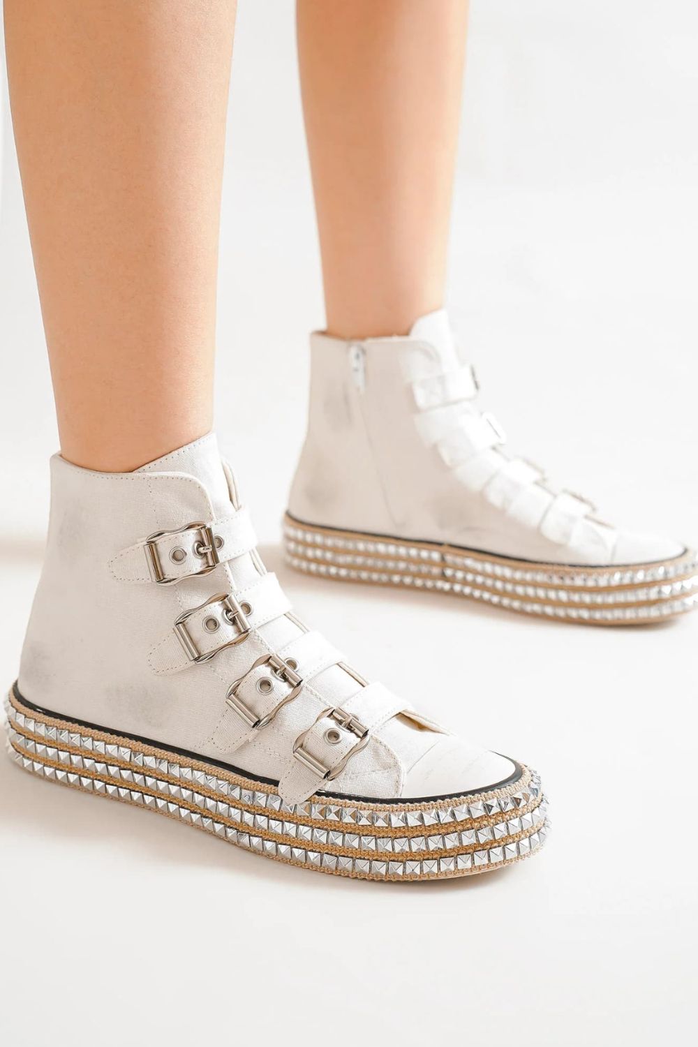 BEAST FASHION - White Canvas Buckle Studded Platform Sneakers