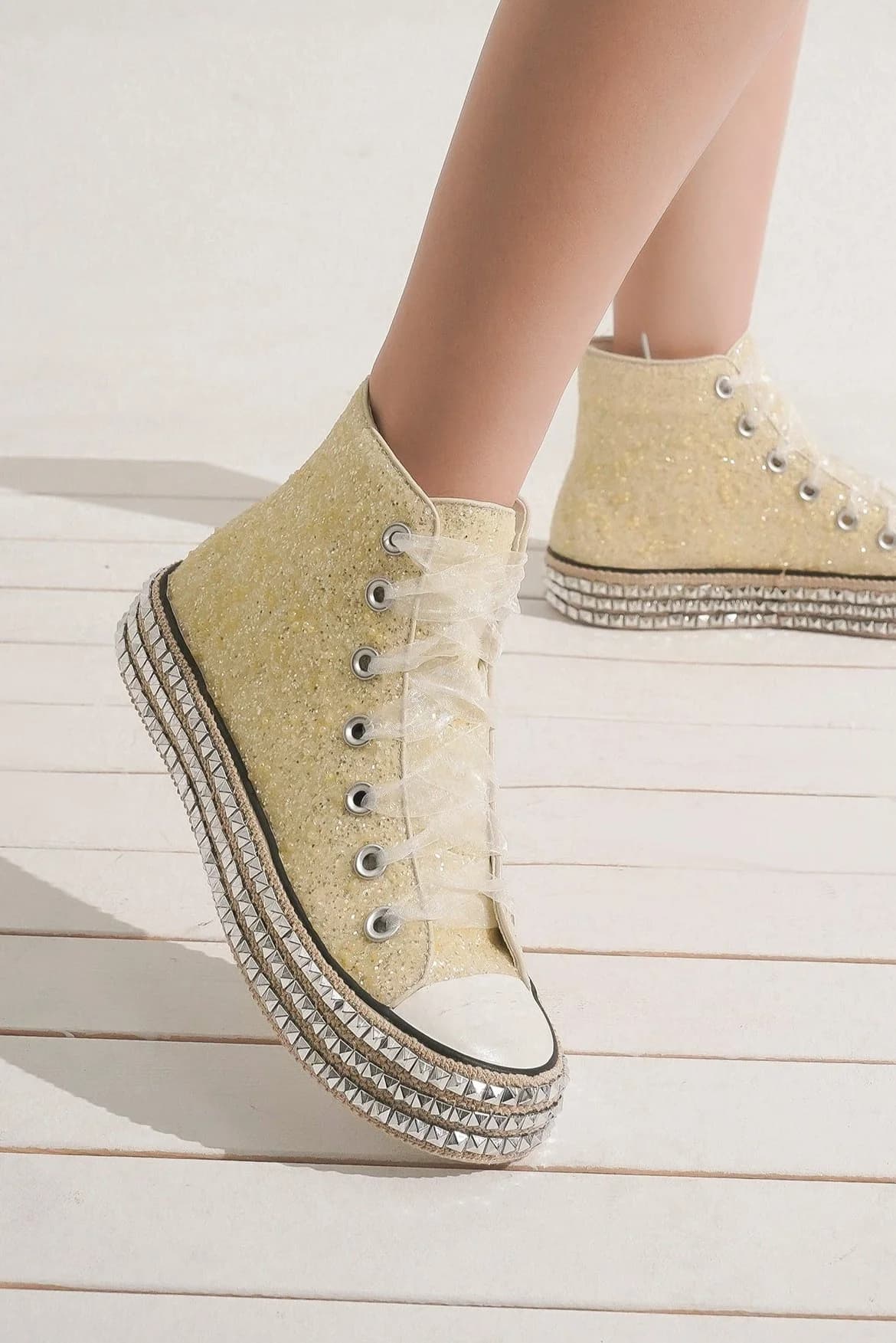 BEAST FASHION - White Glitter Studded Lace - Up Platform Sneakers