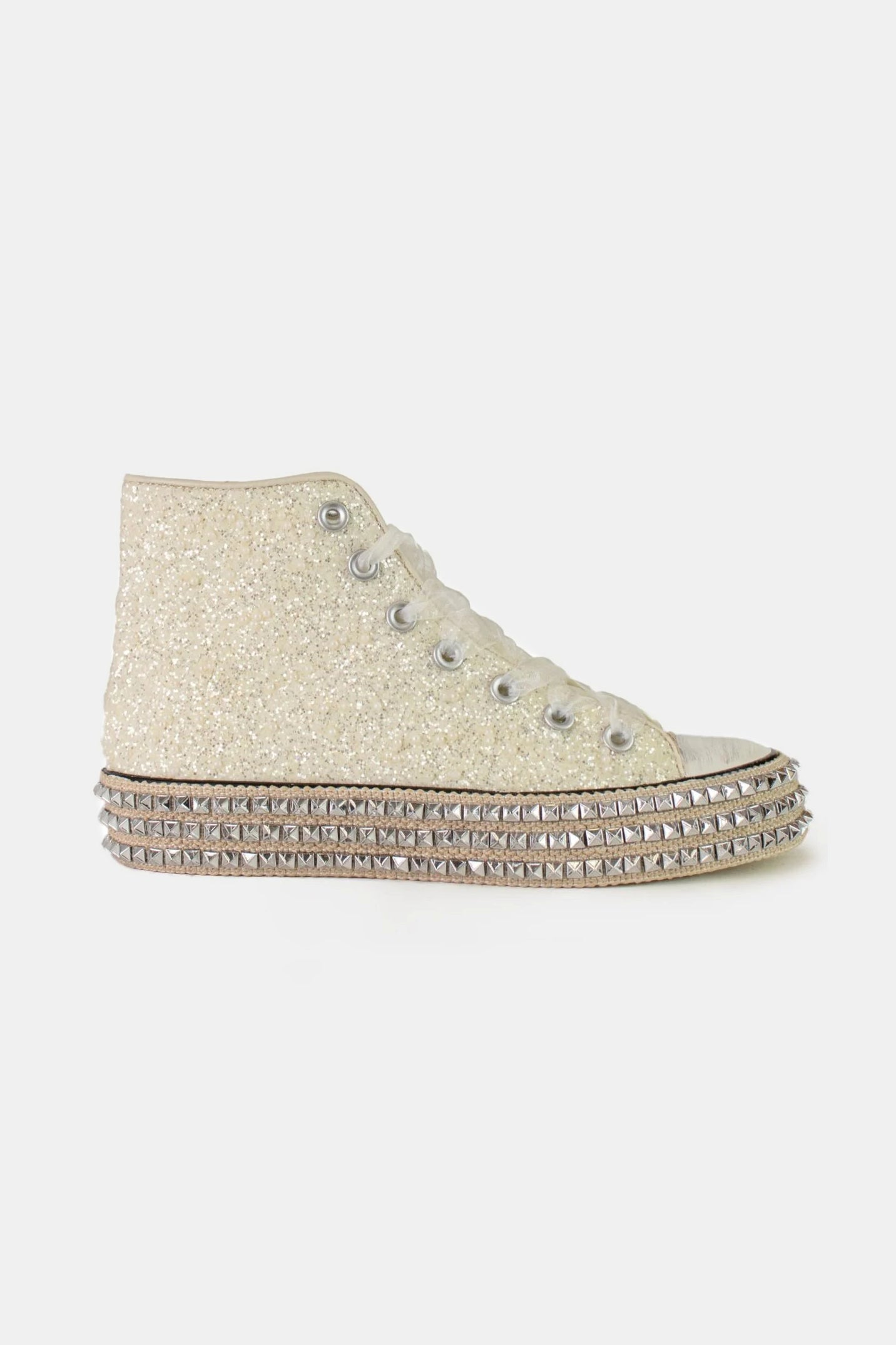 BEAST FASHION - White Glitter Studded Lace - Up Platform Sneakers