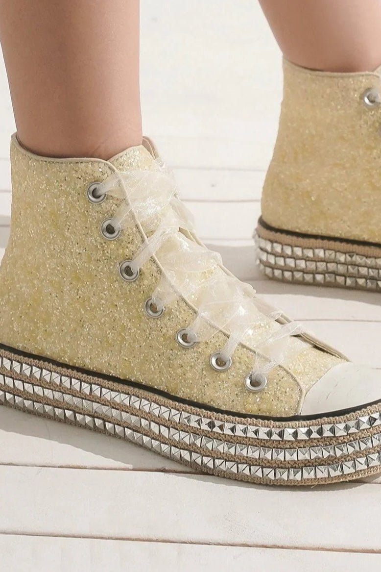 BEAST FASHION - White Glitter Studded Lace - Up Platform Sneakers