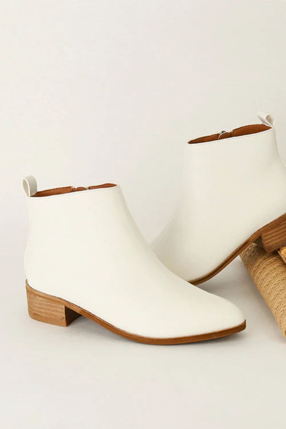 BEAST FASHION - White Vegan Leather Block Heel Booties