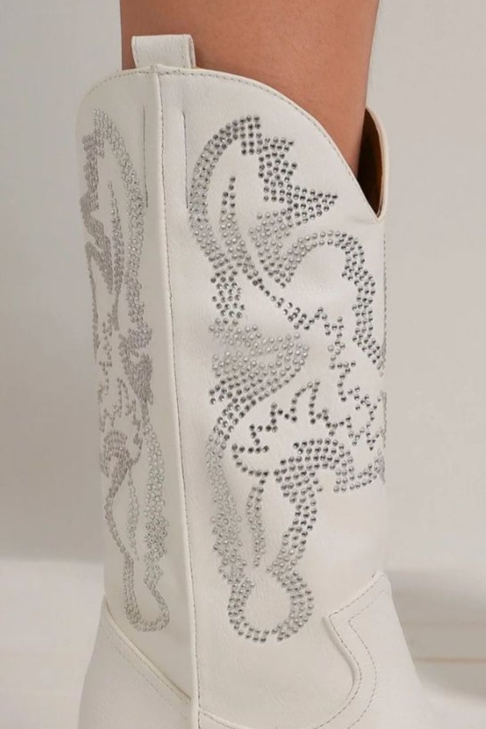 BEAST FASHION - White Vegan Leather Rhinestone Cowgirl Boots