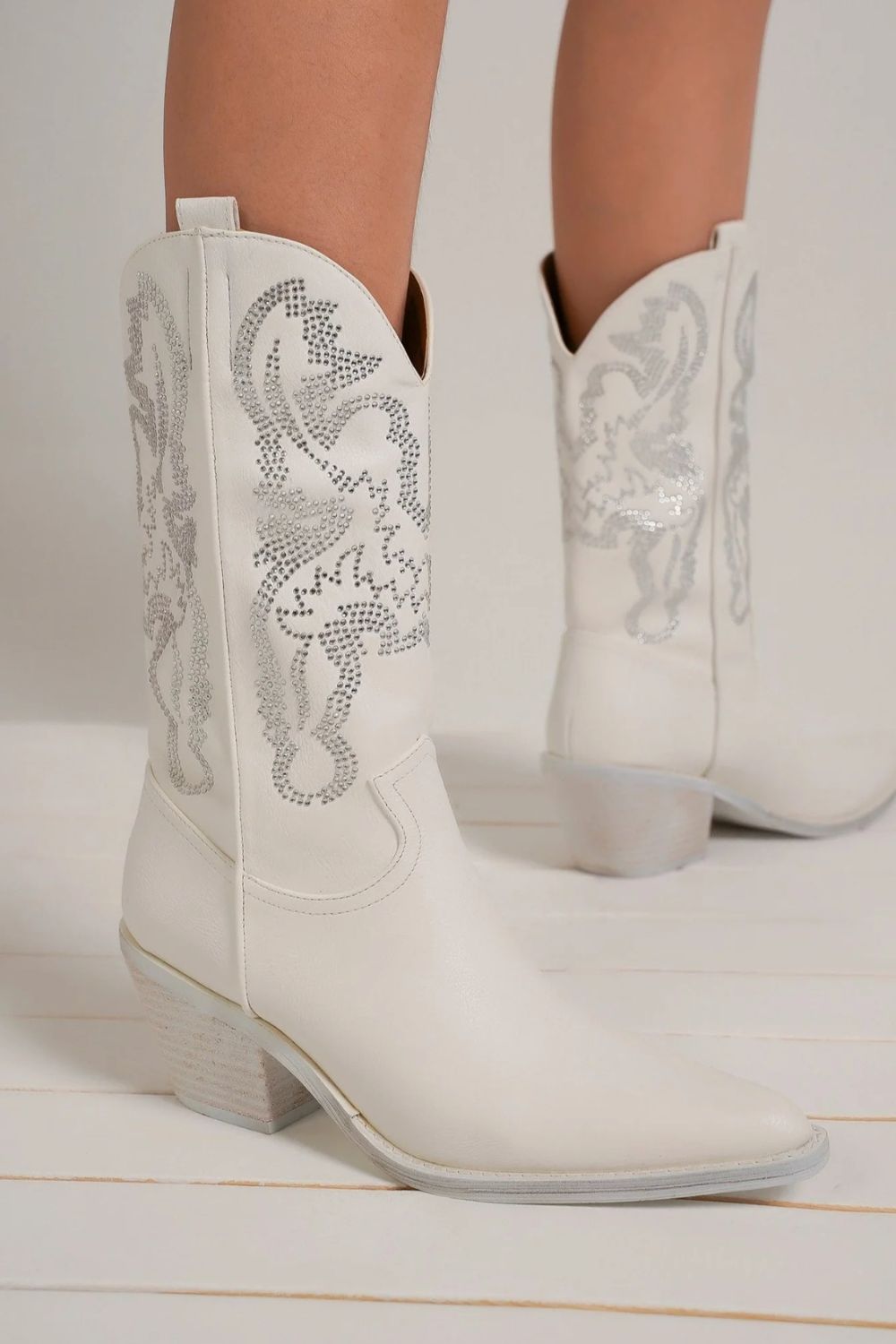 BEAST FASHION - White Vegan Leather Rhinestone Cowgirl Boots