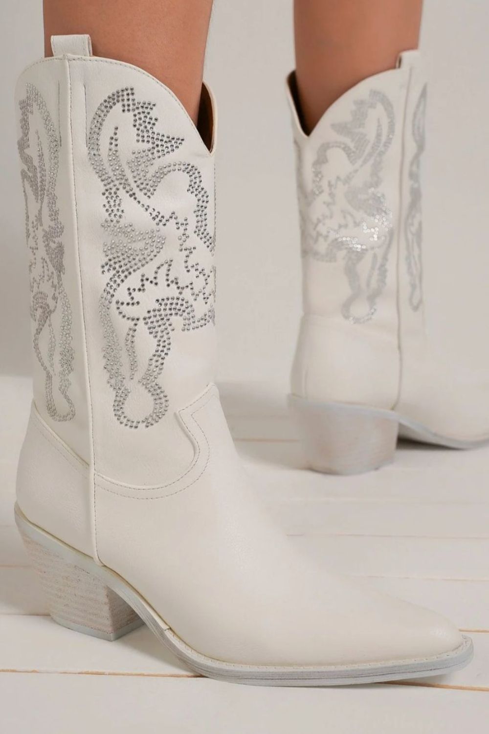 BEAST FASHION - White Vegan Leather Rhinestone Cowgirl Boots