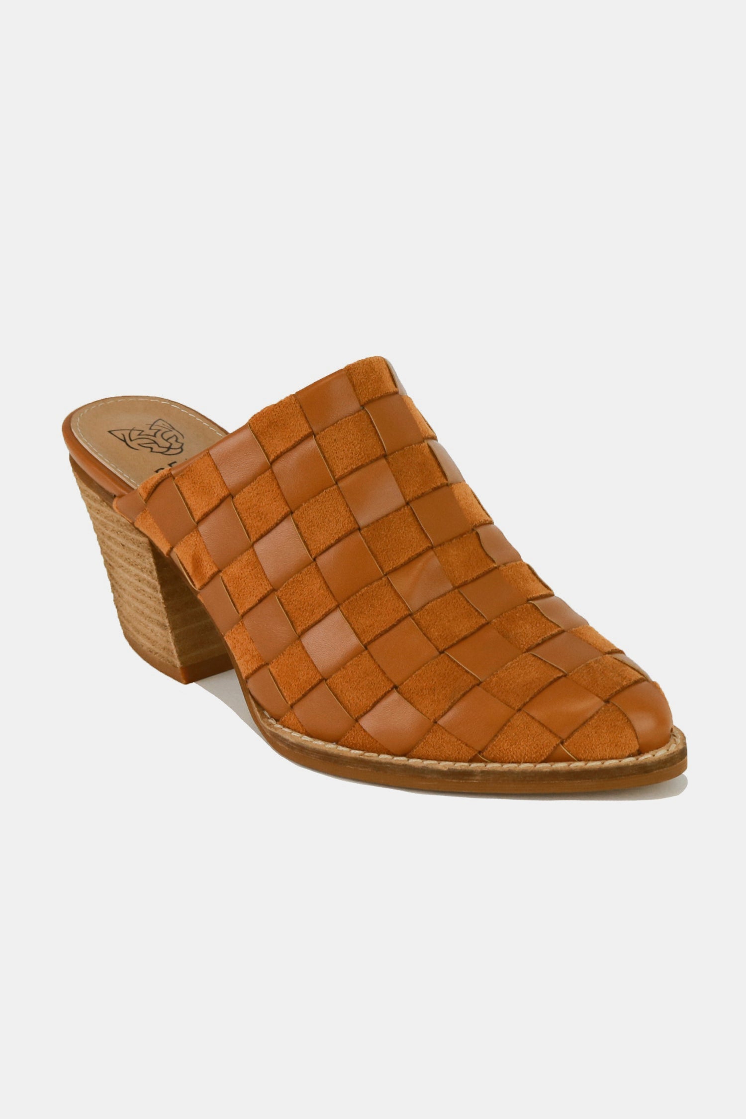 BEAST FASHION - Woven Vegan Leather Block Heel Mules in Caramel