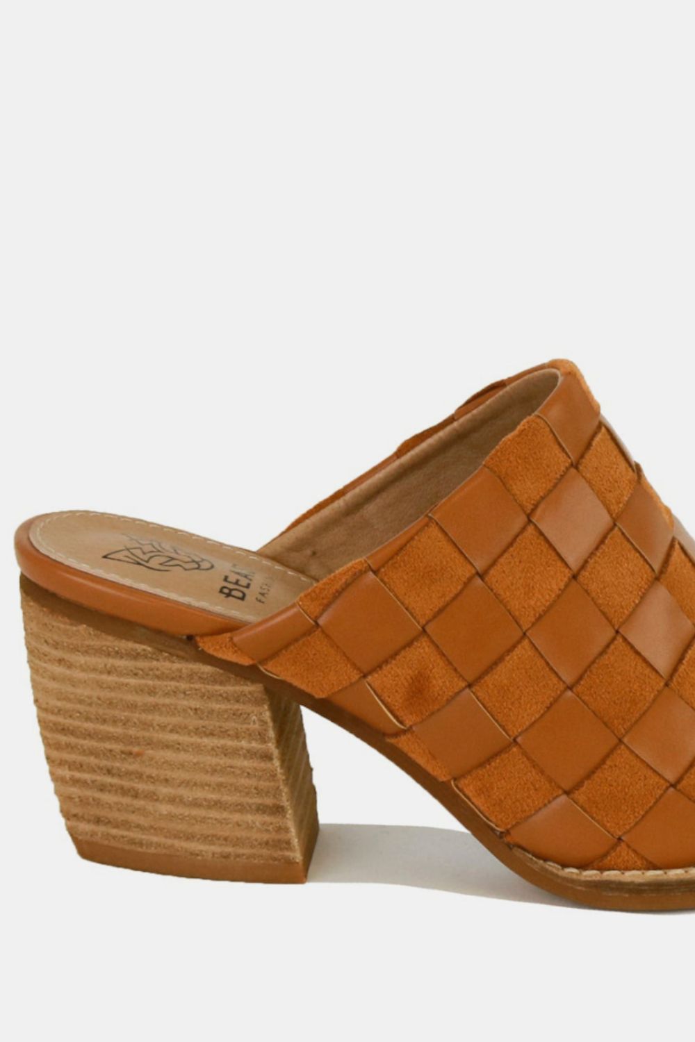 BEAST FASHION - Woven Vegan Leather Block Heel Mules in Caramel