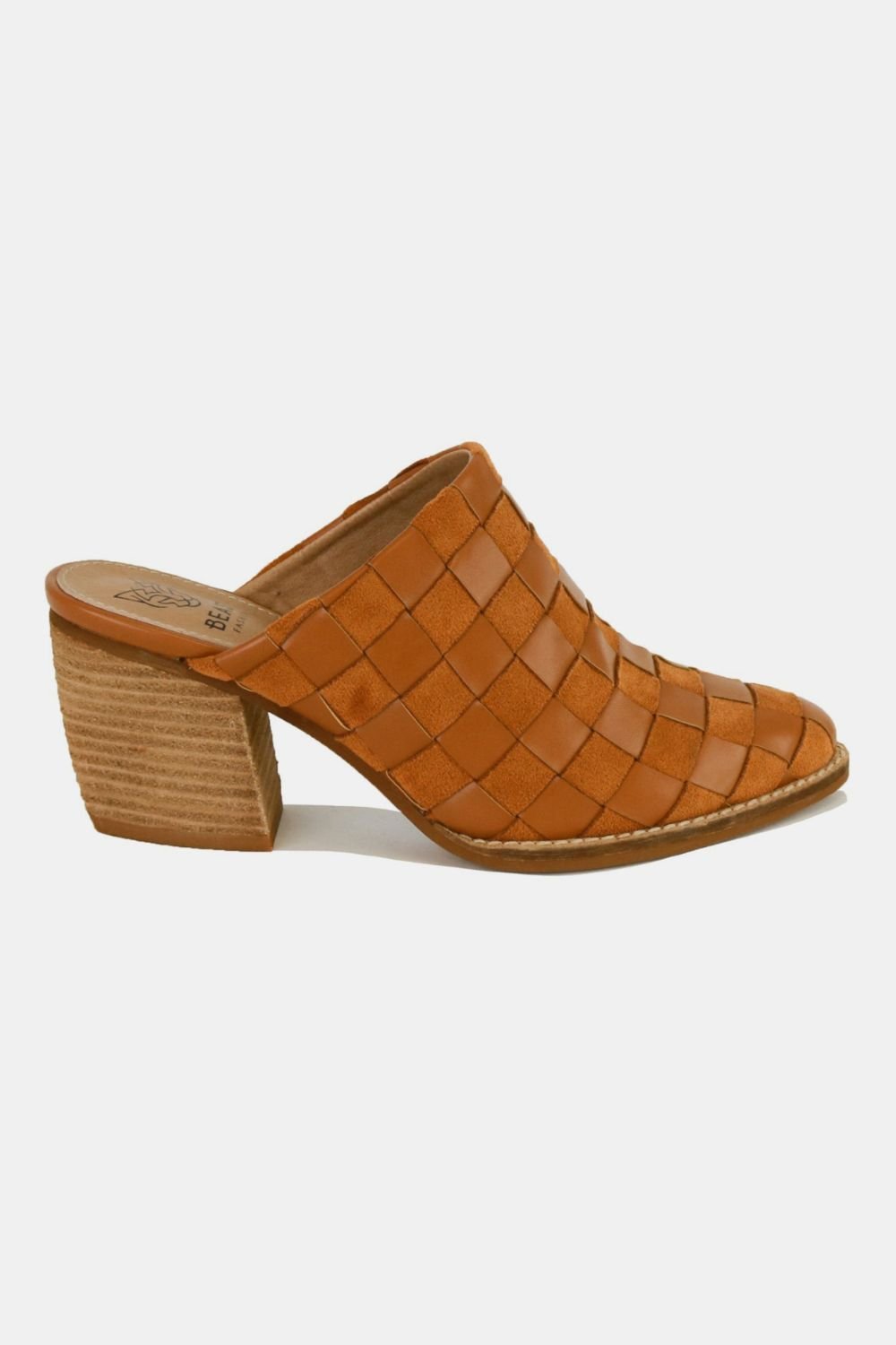 BEAST FASHION - Woven Vegan Leather Block Heel Mules in Caramel