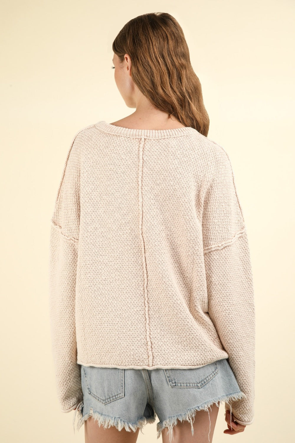 Beige Mineral Washed Exposed Seams Sweater