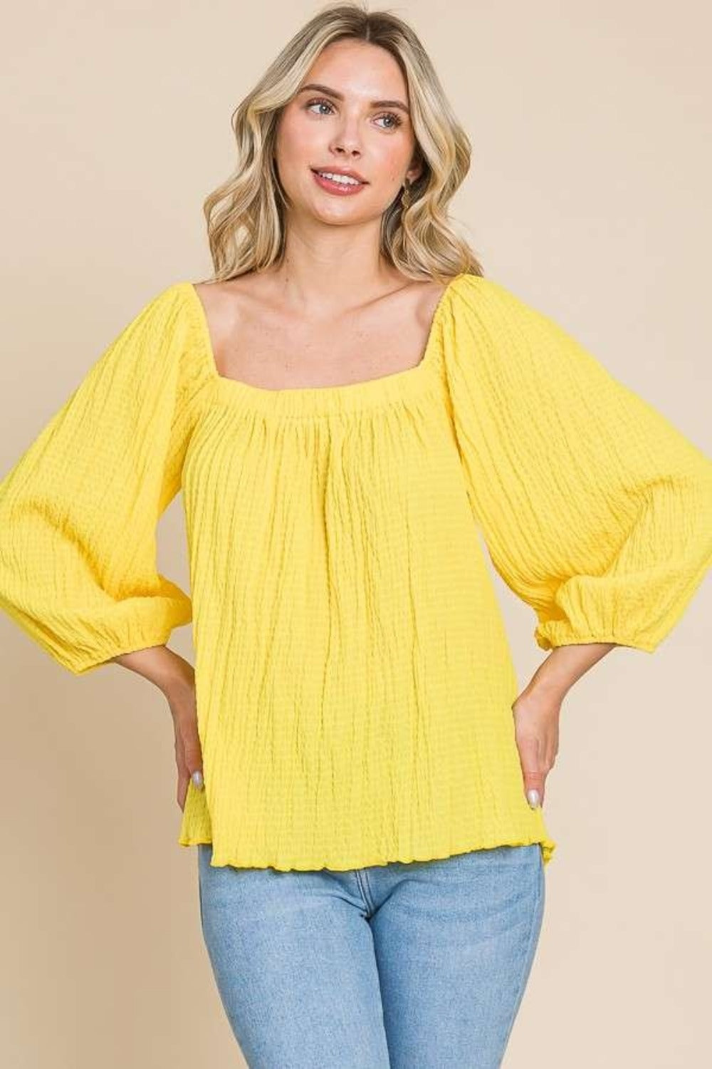 Textured Square Neck Puff Sleeve Top in Lemonade