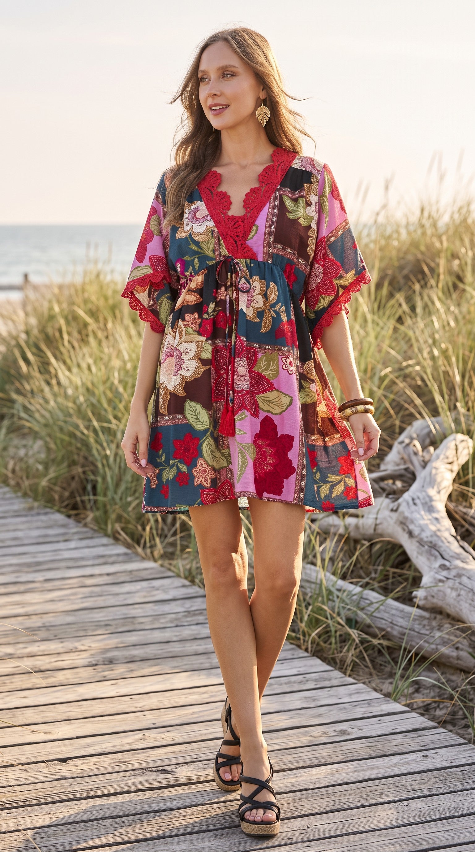A woman modeling a colorful floral print kaftan dress on a wooden boardwalk at the beach, with dune grass and the ocean in the background.