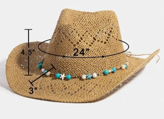 Brown straw hat with measurements on a white background