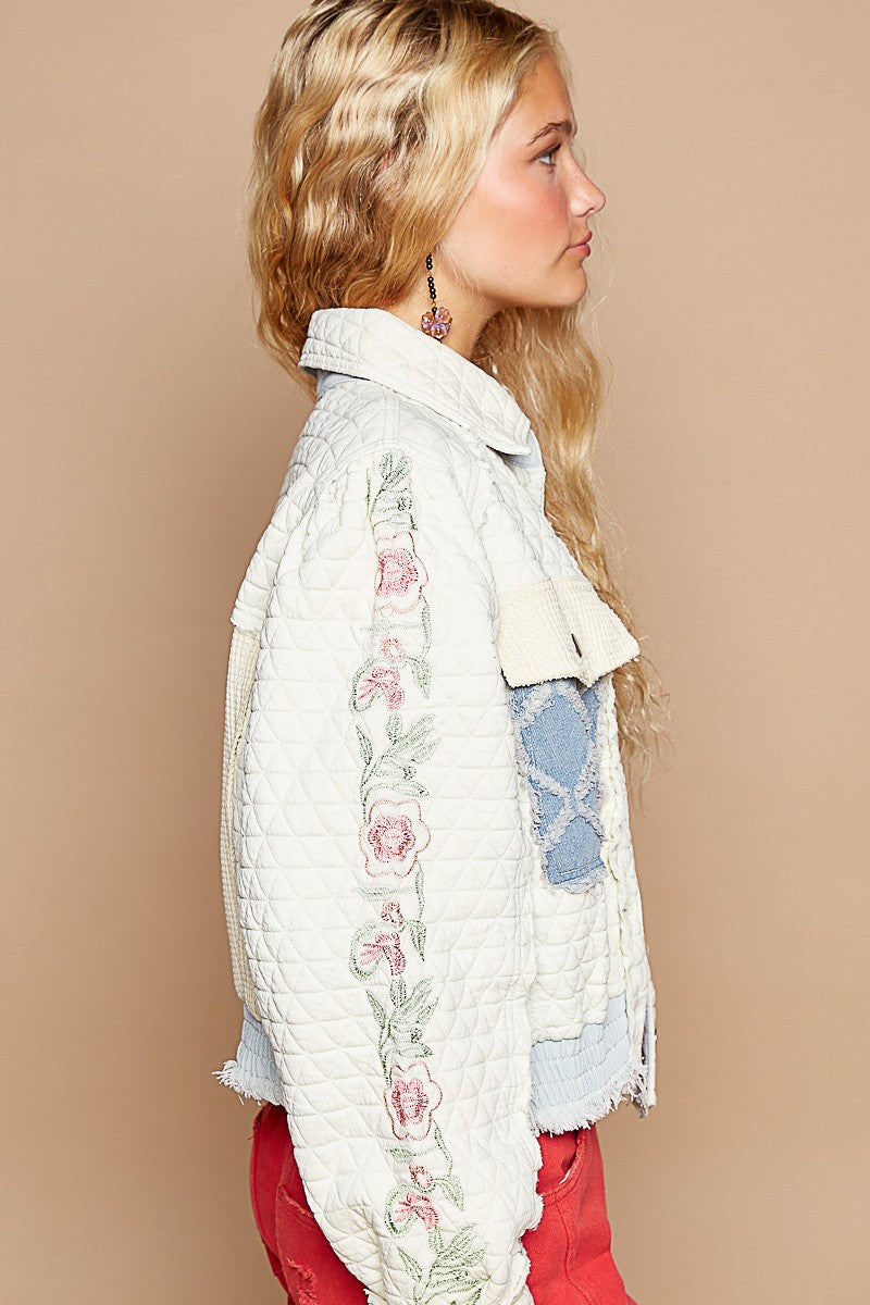 Embroidered Sleeve Quilted Jacket in Ivory