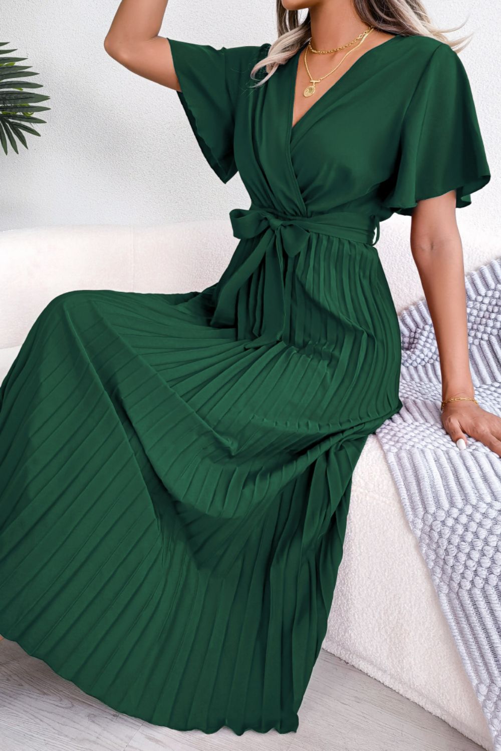 Pleated Flutter Sleeve Tie Waist Midi Dress