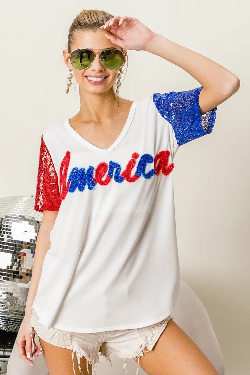 BiBi - America Sequin Sleeve V - Neck Tee in Red, White & Blue
