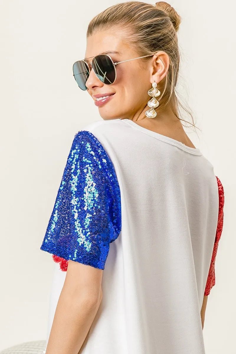 BiBi - America Sequin Sleeve V - Neck Tee in Red, White & Blue