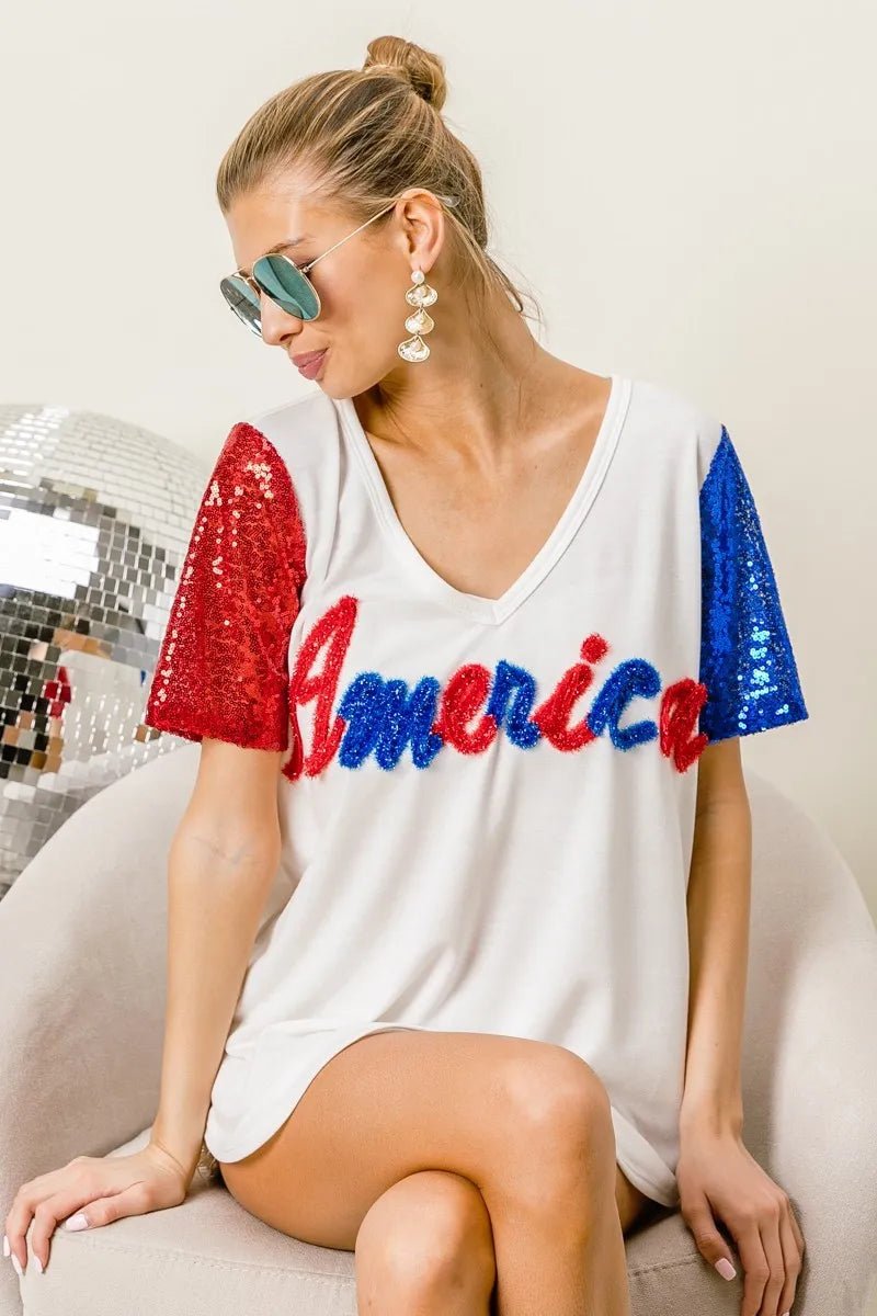 BiBi - America Sequin Sleeve V - Neck Tee in Red, White & Blue