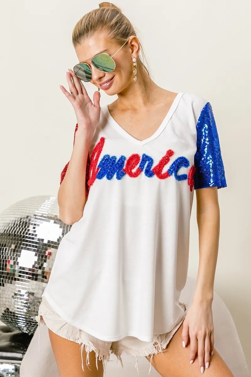 BiBi - America Sequin Sleeve V - Neck Tee in Red, White & Blue